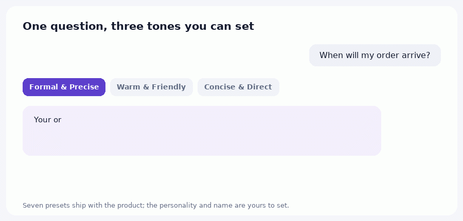 Animation showing the same customer question answered in three different tones: formal and precise, warm and friendly, concise and direct